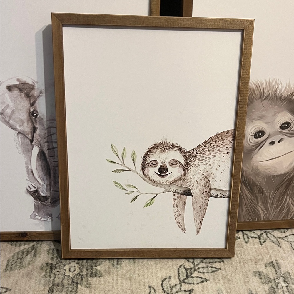 Smiling Sloth Wall Art in Brown Frame